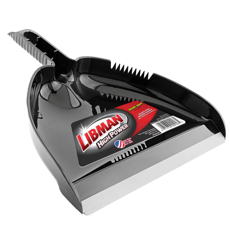 Black Libman High Power plastic dustpan with rubber front edge and product label inside pan