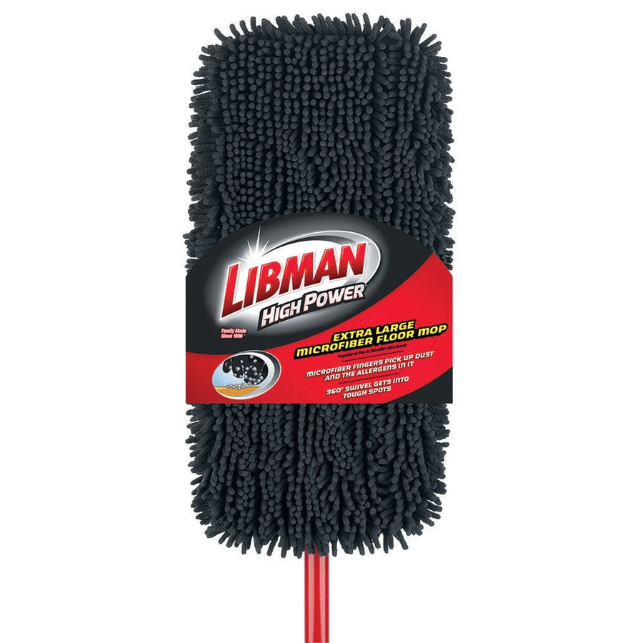 Close-up of a black chenille microfiber mop head with Libman High Power product label wrapped around it