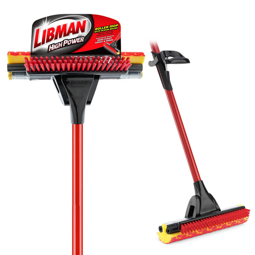 Front-facing Libman High Power roller sponge mop head with red bristles and red steel handle