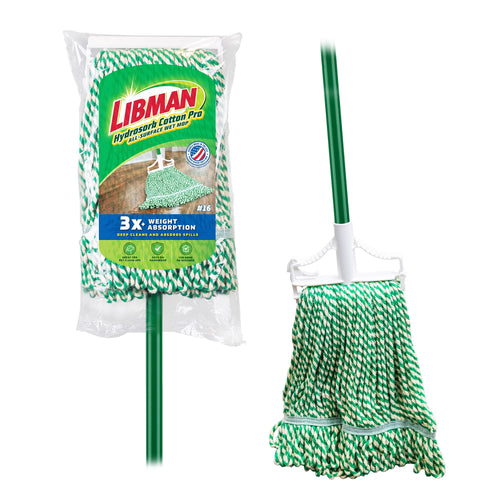 Packaged Libman Hydrosorb Cotton Pro wet mop with green-and-white twisted yarn and green handle visible through clear plastic