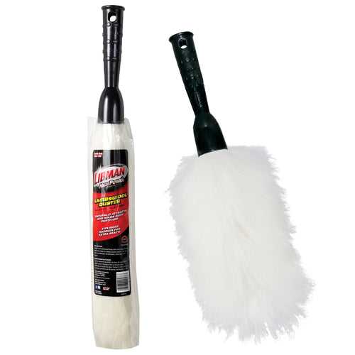 Libman lambswool duster wand and packaged spare head shown side-by-side on white background