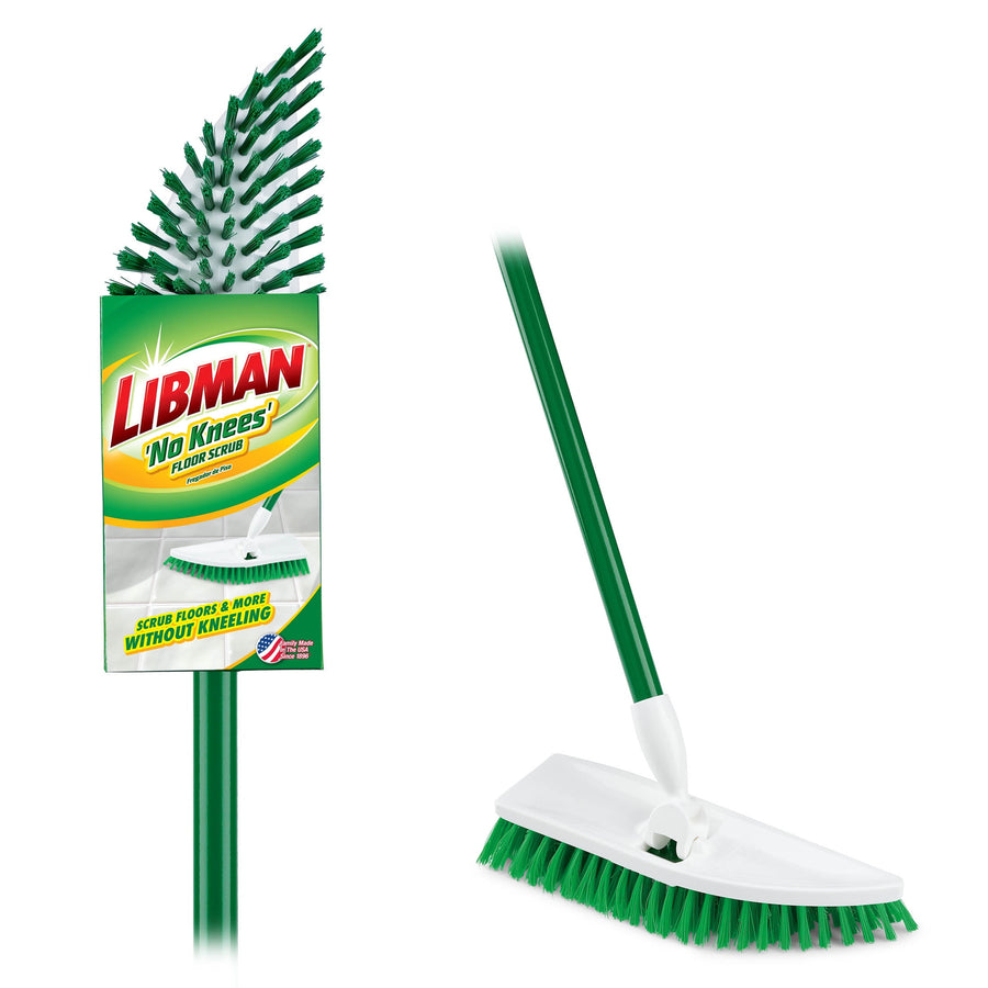 Close-up of a Libman 'No Knees' green-bristled floor scrub head and green steel handle with branded packaging label