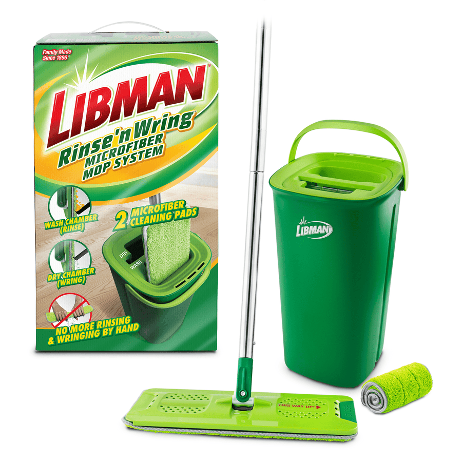 Green Libman rinse 'n wring mop system with bucket, mop head, handle and product box on white background