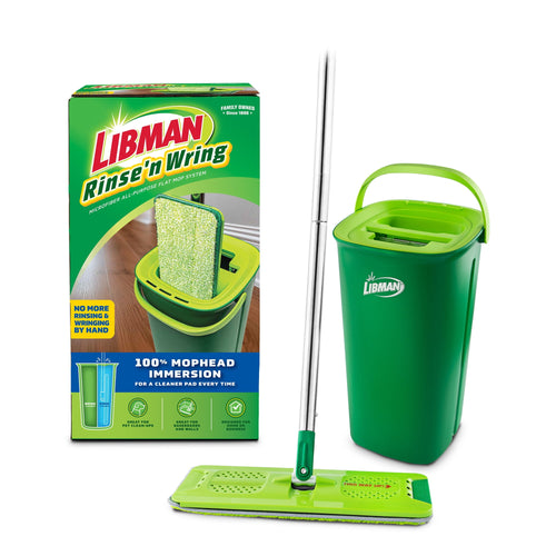Libman Rinse 'n Wring flat mop with green dual-chamber bucket and packaging box shown on white background
