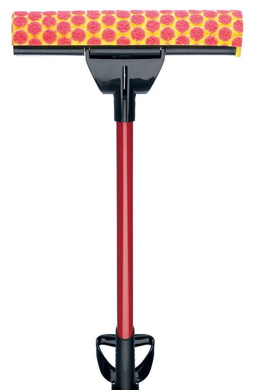 Red-handled sponge mop with yellow-and-pink dotted sponge head and black clip-on holder, white background