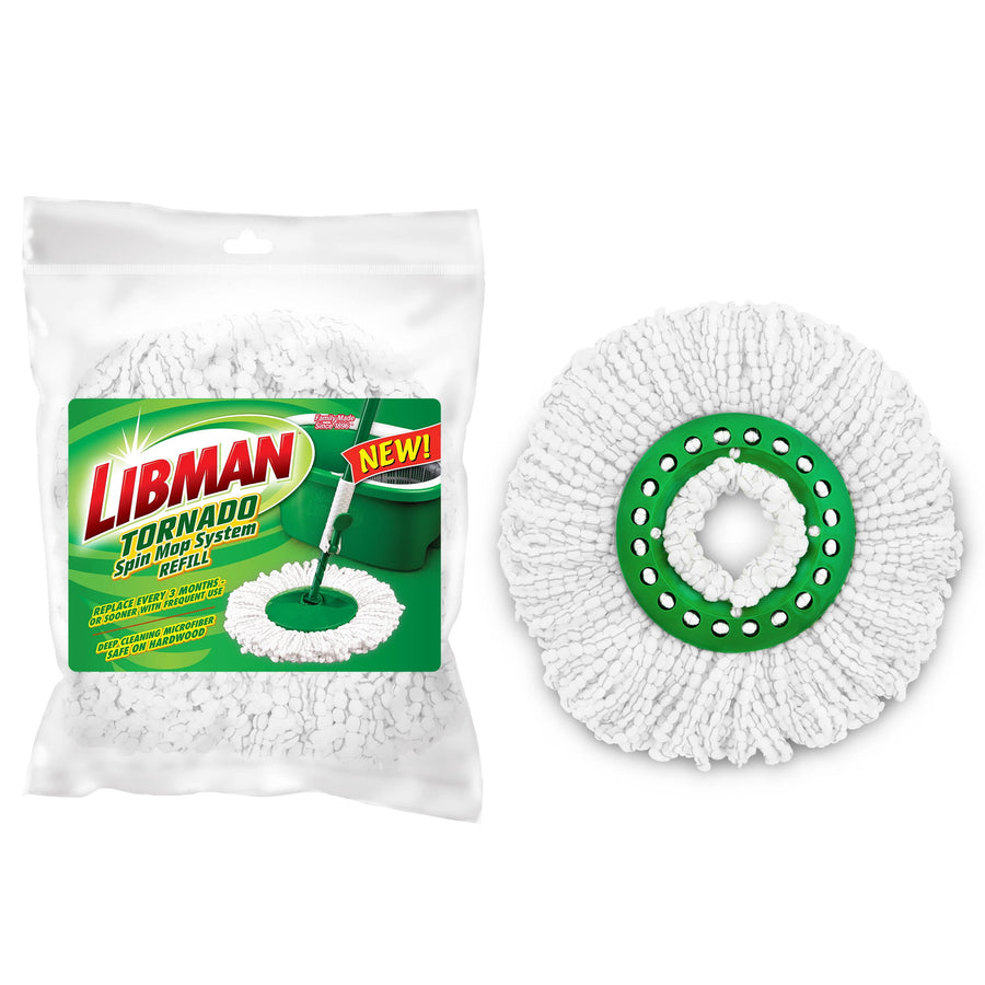 Packaged Libman Tornado spin mop microfiber refill shown in clear bag next to an unwrapped round mop head.