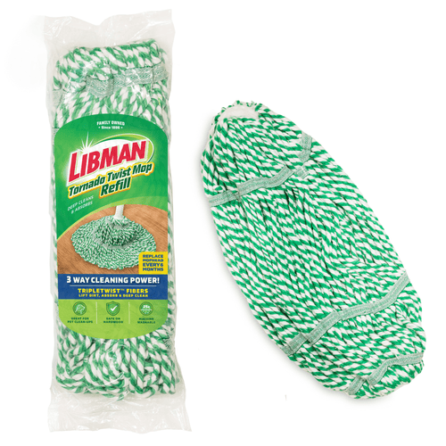 Packaged Libman Tornado Twist mop refill in clear plastic, green-and-white twisted cotton mop head visible with product label