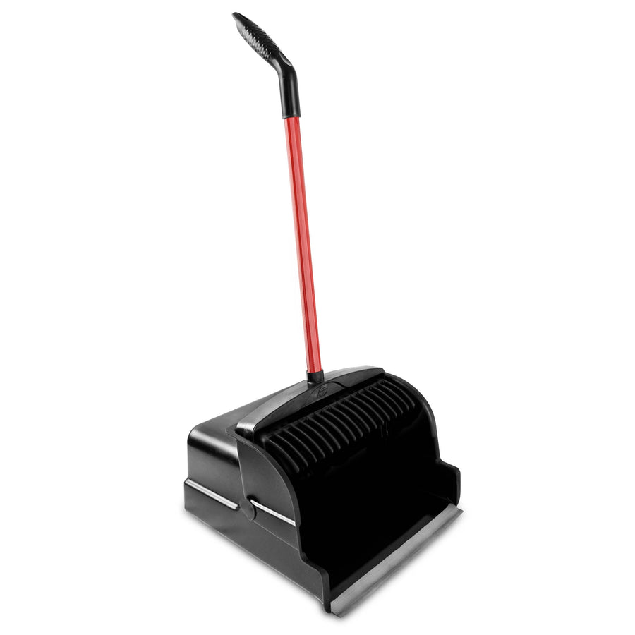 Black upright scoop dustpan with red steel handle and serrated comb edge on white background.