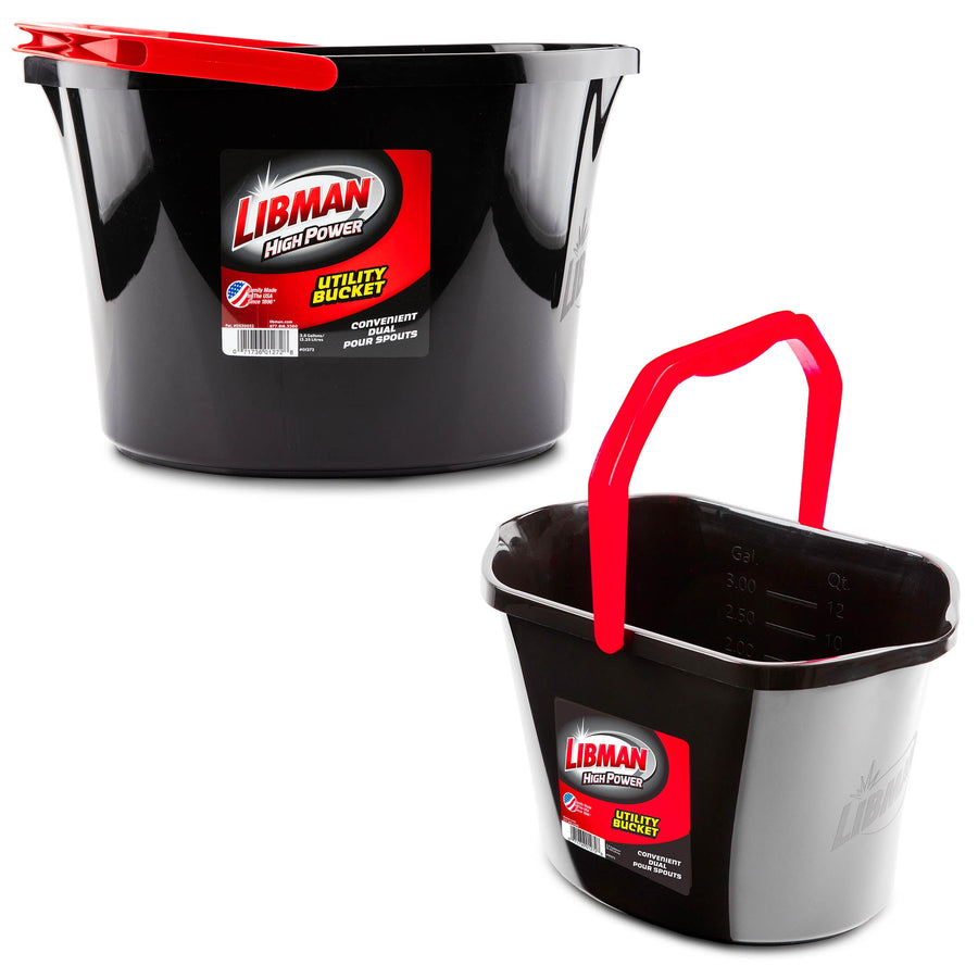 Black Libman High Power utility bucket with red handle and brand label visible, studio on white background