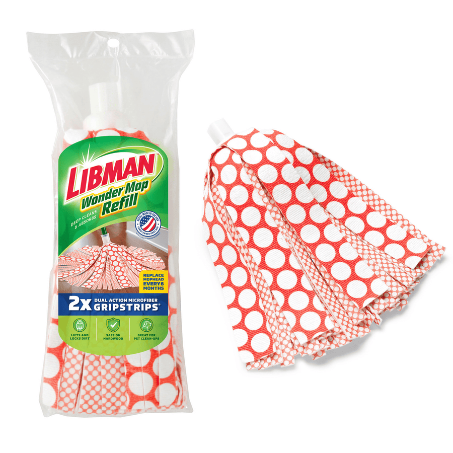 Libman Wonder Mop refill package shown beside an unassembled red-and-white patterned mop head