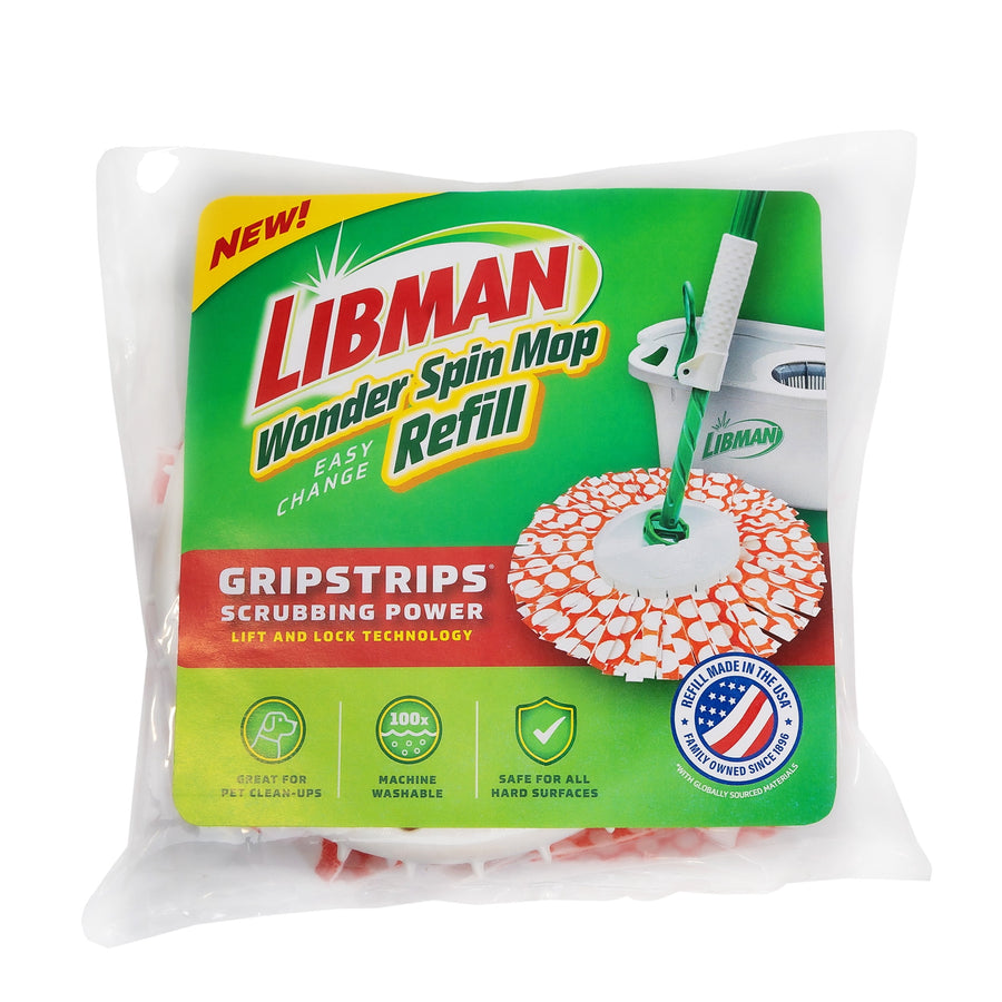 Packaged Libman Wonder Spin Mop refill with green label showing mop head and gripstrips graphic