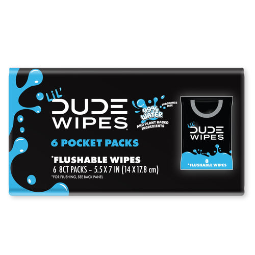 Black rectangular retail pack of Lil' Dude Wipes showing branding, 6 pocket packs and product facts on front