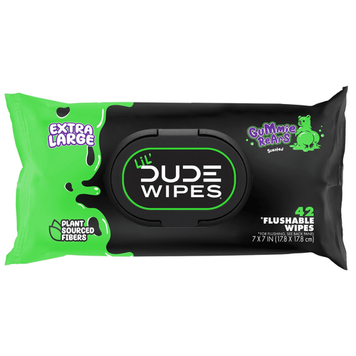 Single black and green Lil' Dude Wipes pouch with flip-top lid showing Extra Large and Gummie Rears branding and 42 flushable wipes text.