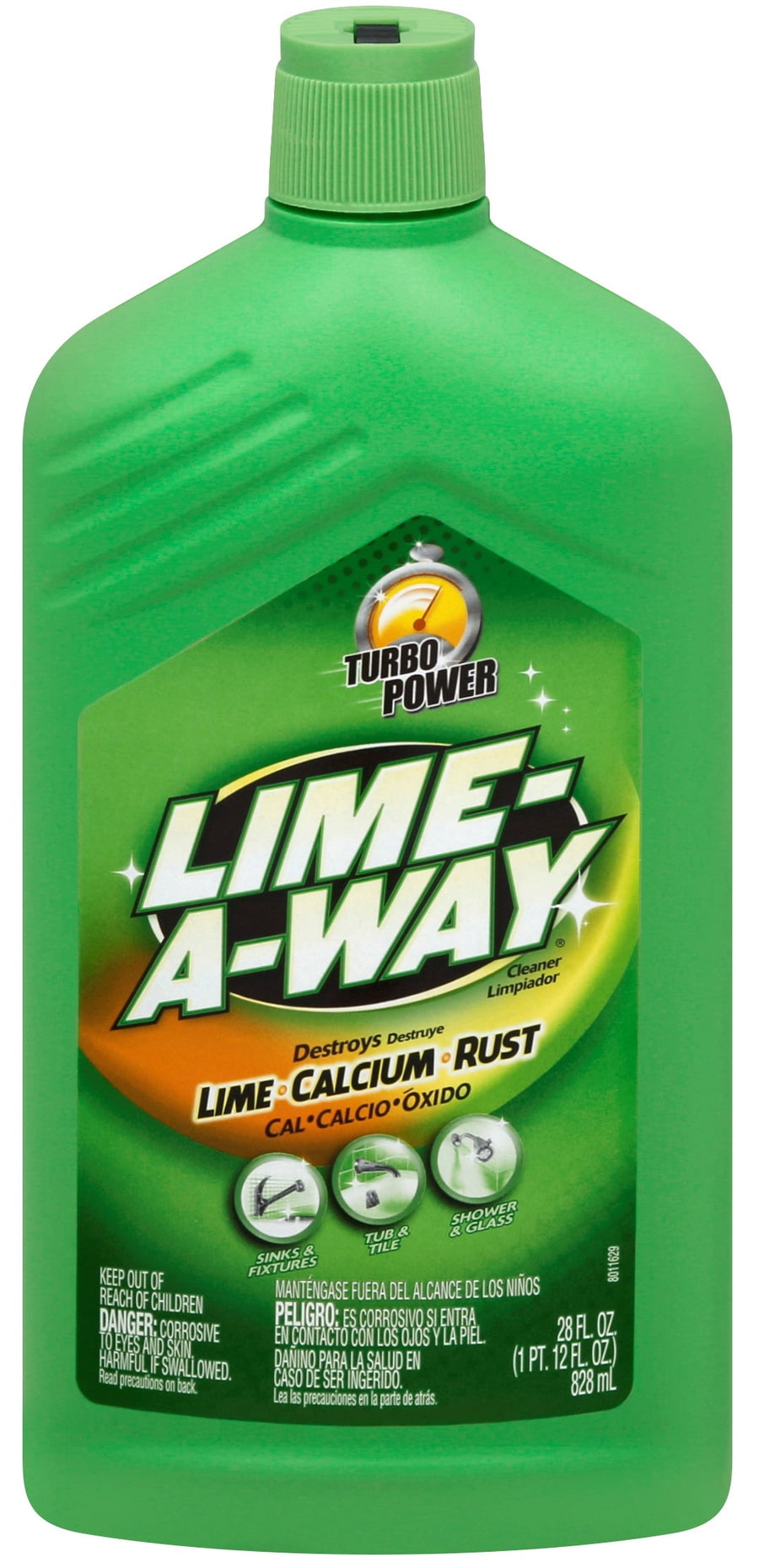 Close-up of a green Lime-A-Way bottle showing the label for removing lime, calcium and rust stains