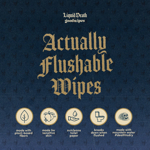 Dark textured graphic reading “Actually Flushable Wipes” with five icon badges highlighting product features.