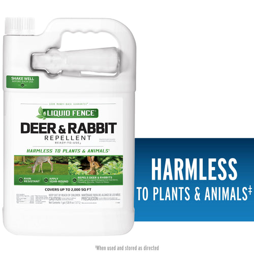 White one-gallon Liquid Fence Deer & Rabbit repellent jug with label and attached spray nozzle, product front view