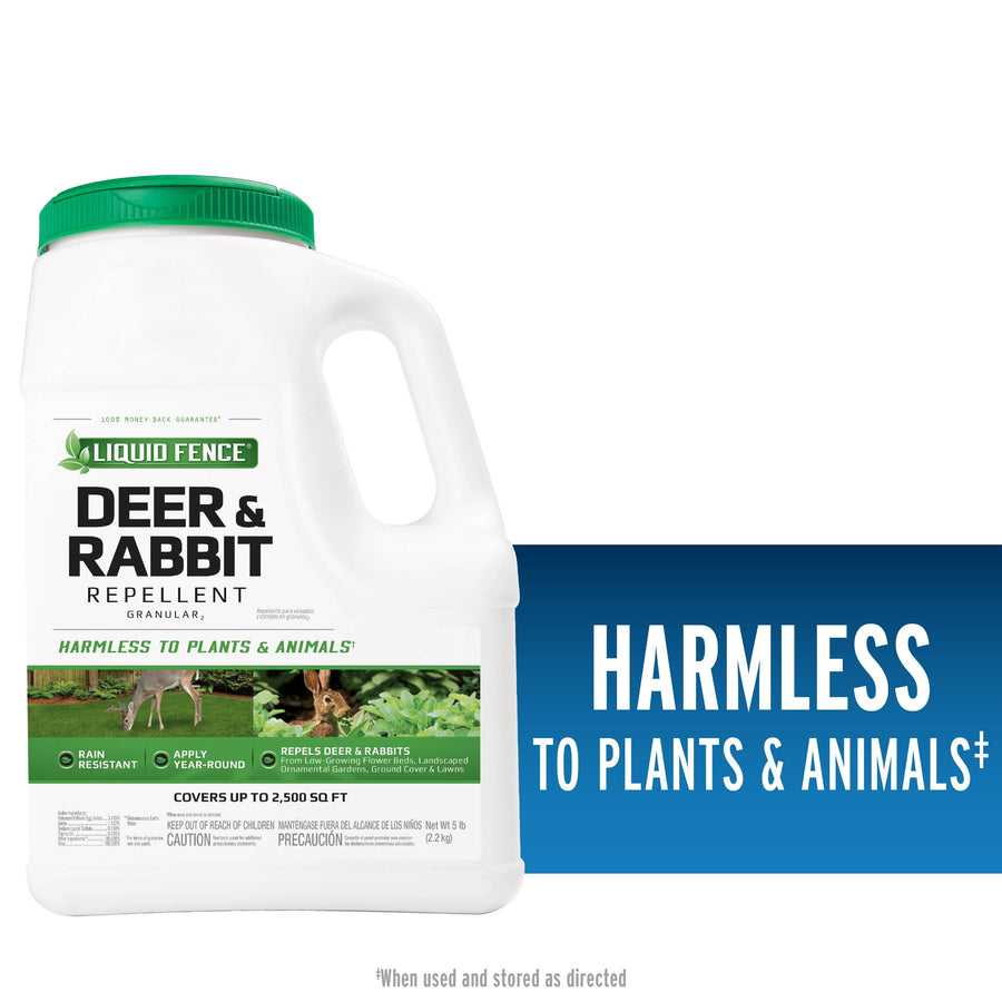 White jug of Liquid Fence Deer & Rabbit granular repellent with green cap and label on white background