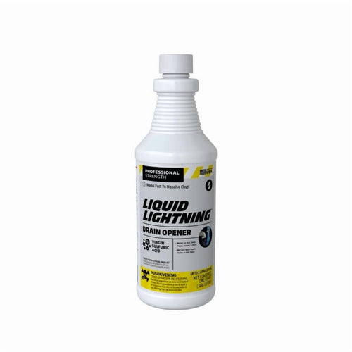 White Liquid Lightning drain opener bottle with front label showing brand name and warning panel on white background