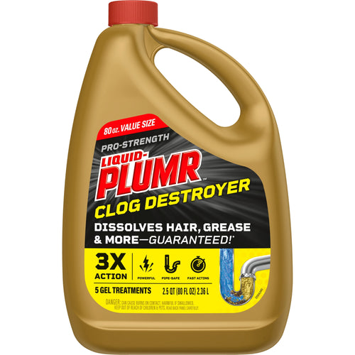 Front view of Liquid-Plumr Pro-Strength Clog Destroyer bottle with yellow label and red cap