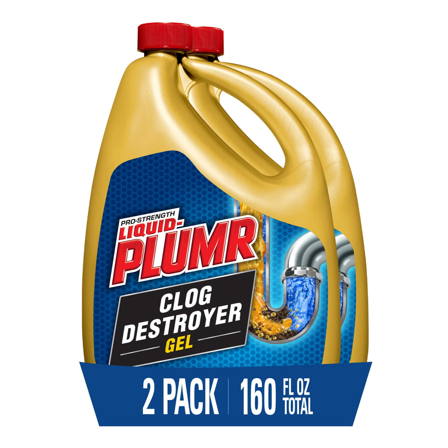 Two gold Liquid-Plumr Pro-Strength Clog Destroyer Gel jugs with red caps and blue label showing pipe graphic and 2 pack banner
