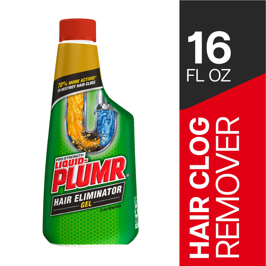 Front product and vertical label panel showing Liquid-Plumr Hair Eliminator gel bottle and bold 16 fl oz badge
