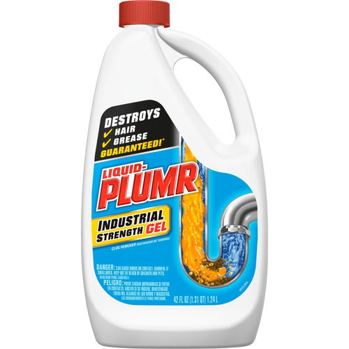 Liquid-Plumr Industrial Strength gel bottle showing label artwork and warning panel on a white background