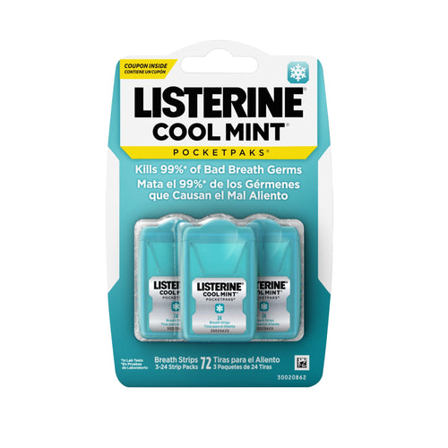 Front photo of LISTERINE Cool Mint PocketPaks three-pack blister card showing three turquoise cases and branding