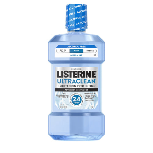 Front-facing Listerine Ultraclean alcohol-free mild mint mouthwash bottle with visible label and blue liquid.