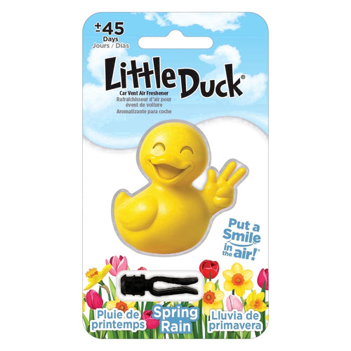 Packaged Little Duck yellow duck-shaped car vent air freshener on floral backing card with brand logo
