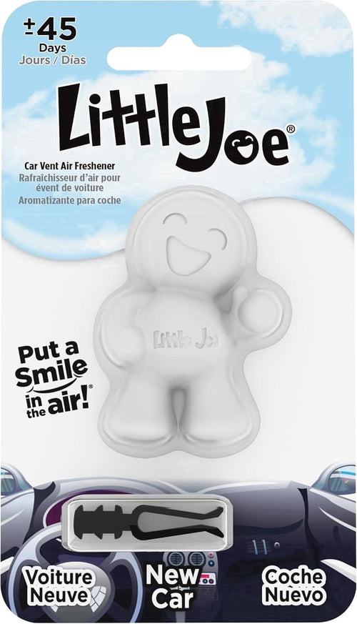 Packaged Little Joe white smiling vent air freshener on blue sky backing with clip visible and 'New Car' label.