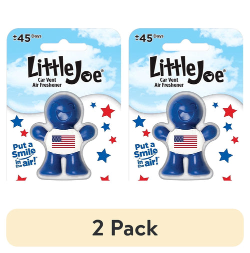 Two Little Joe USA-themed blue vent-clip air fresheners on patriotic star-patterned blister cards labeled ‘Put a Smile in the air!’