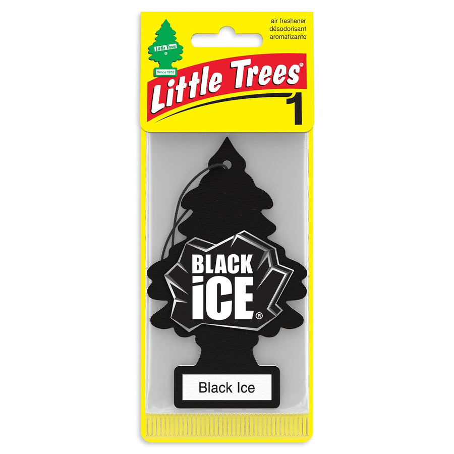 Little Trees Black Ice tree-shaped car air freshener in its yellow retail blister pack with logo and label