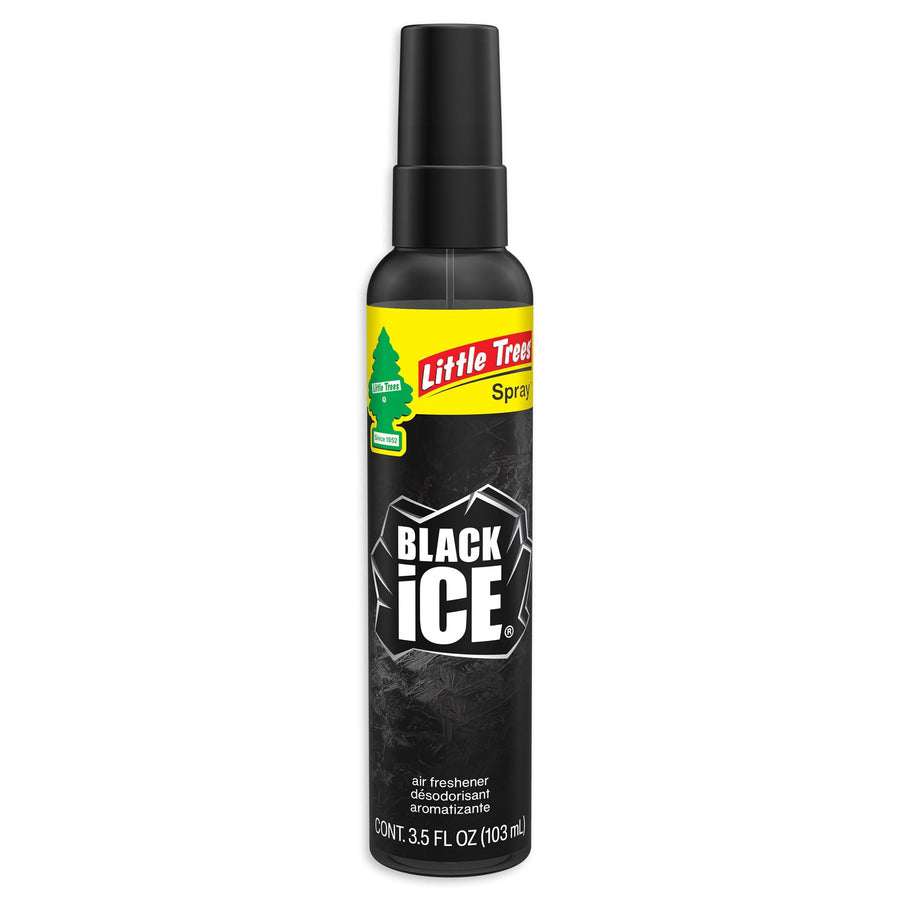 Tall black Little Trees Black Ice spray bottle air freshener with branded label