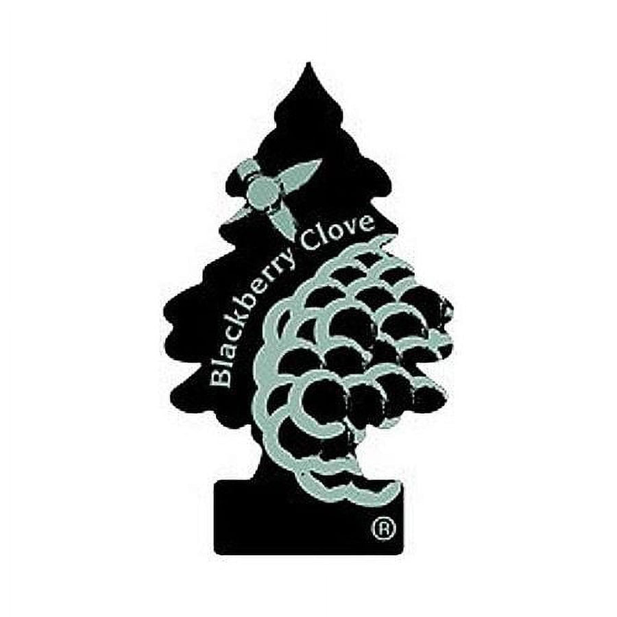 Little Trees tree-shaped air freshener graphic in black with pale mint blackberry illustration and 'Blackberry Clove' text.