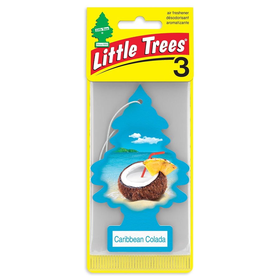 Little Trees Caribbean Colada tree-shaped hanging air freshener in sealed yellow blister pack with coconut cocktail image