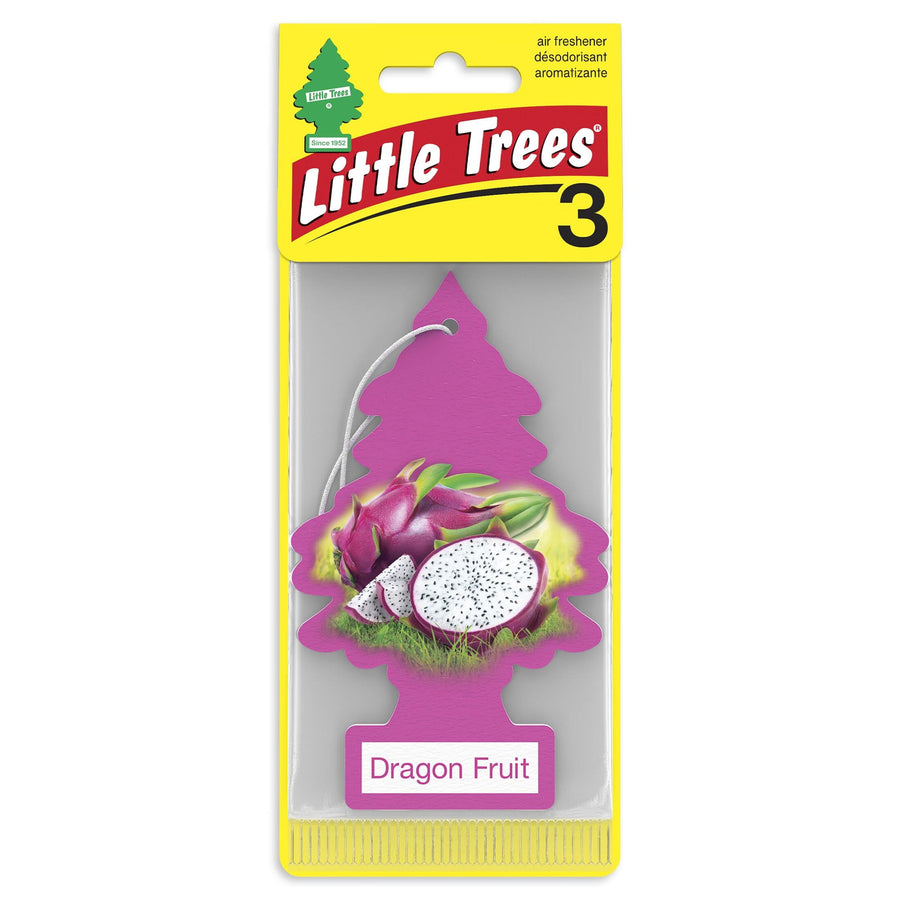 Packaged Little Trees tree-shaped air freshener in pink with dragon fruit image and 'Dragon Fruit' label