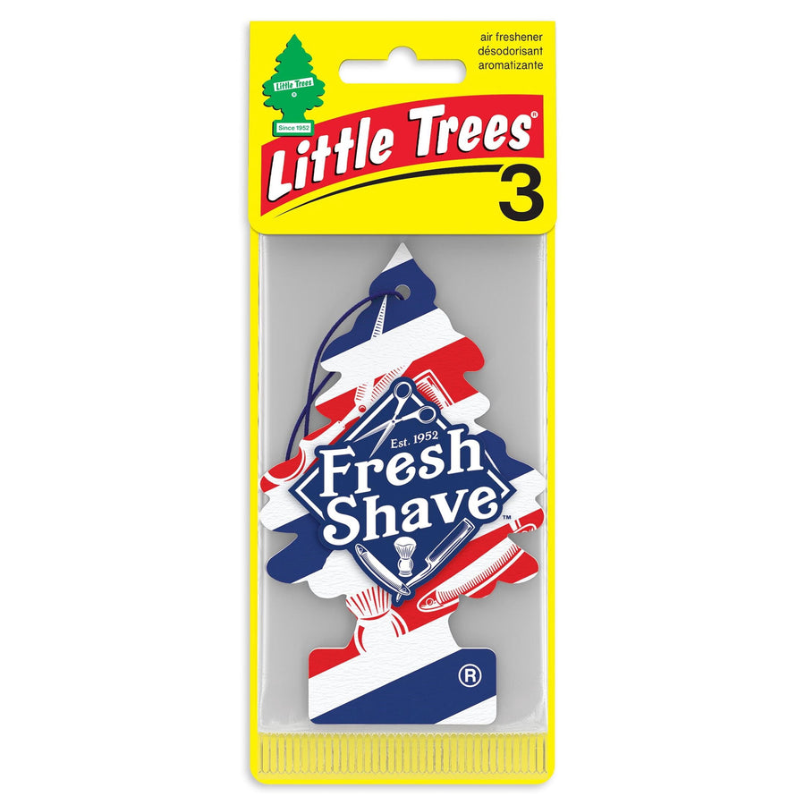 Little Trees Fresh Shave tree-shaped car air freshener in red, white and blue packaging with yellow header showing brand