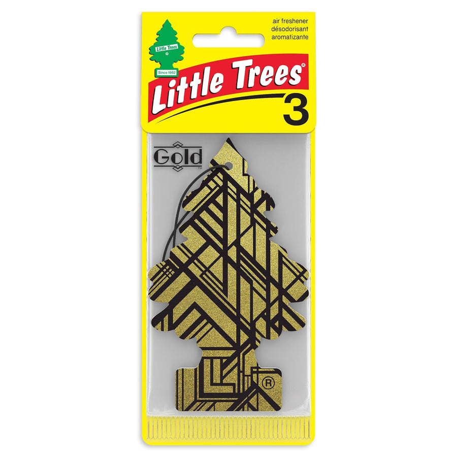 Single Little Trees Gold tree-shaped air freshener in yellow branded blister pack with the Little Trees logo and number 3.