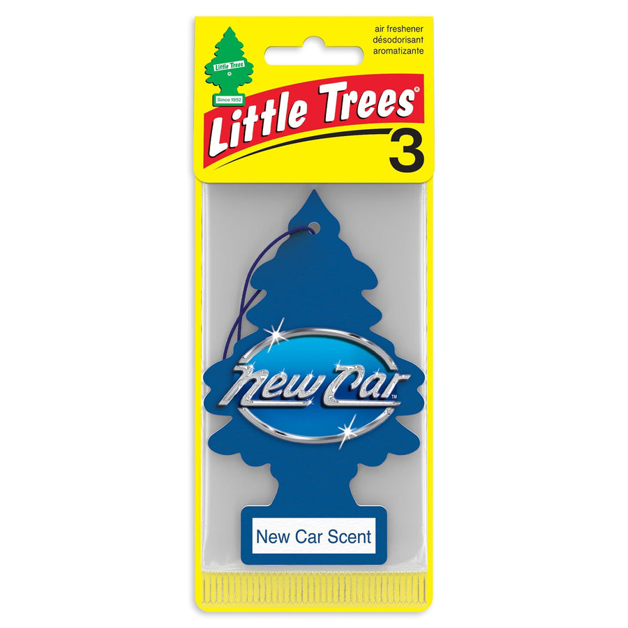 Packaged Little Trees blue tree air freshener labeled “New Car Scent” in branded yellow blister card
