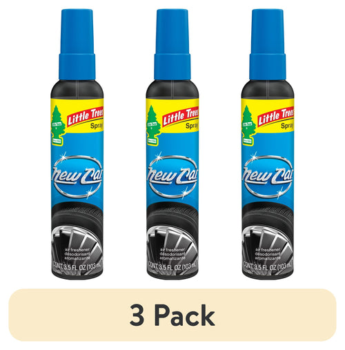 Three Little Trees New Car spray bottles with blue labels and caps shown side-by-side on white background