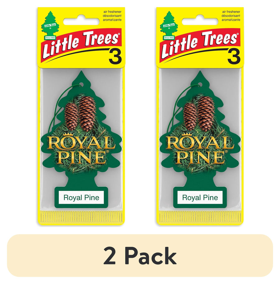 Two Little Trees Royal Pine tree-shaped air fresheners in yellow retail blister packs labeled 'Royal Pine'
