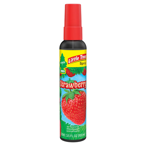 Little Trees Strawberry spray air freshener bottle with red cap and large strawberry illustration on label
