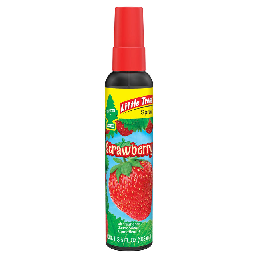 Little Trees Strawberry spray air freshener bottle with red cap and large strawberry illustration on label