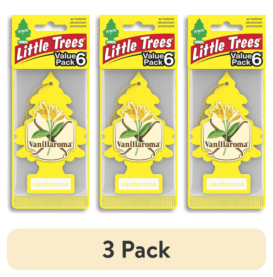 Three yellow Little Trees Vanillaroma air freshener packages shown side-by-side on white background