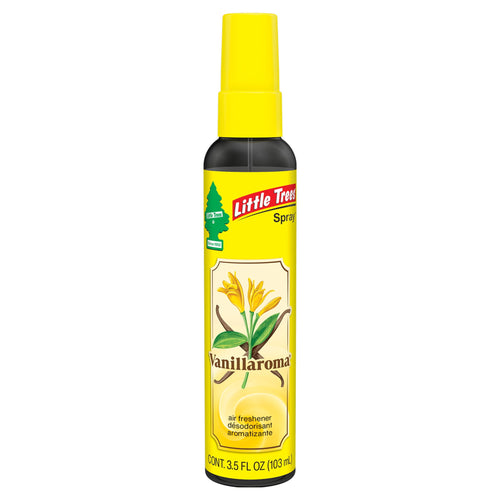 Single tall yellow Little Trees Vanillaroma spray bottle with yellow cap on white background