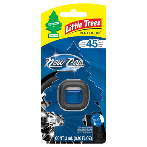 Little Trees Vent Liquid New Car air freshener in blue liquid shown in retail blister card packaging