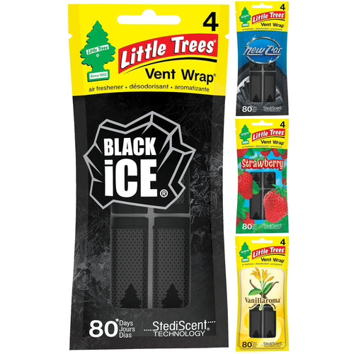 Pack of Little Trees Vent Wrap air fresheners in Black Ice packaging with visible product window and brand logo.