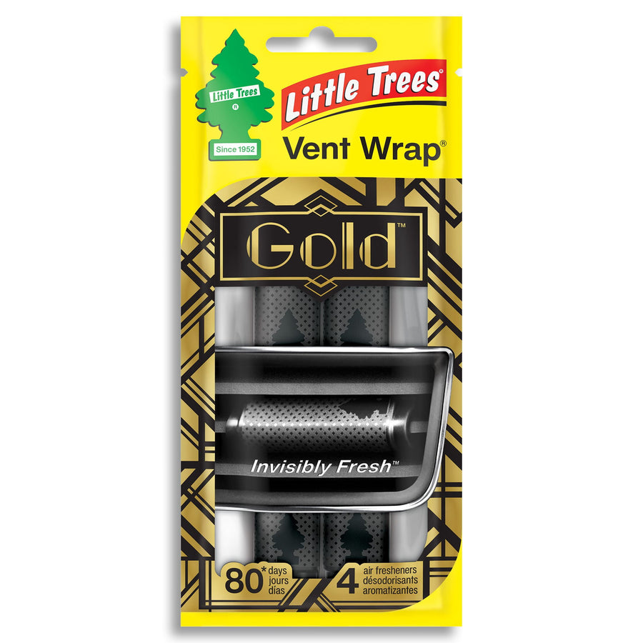 Front-facing Little Trees Vent Wrap Gold air freshener retail package showing product window and gold-branded design
