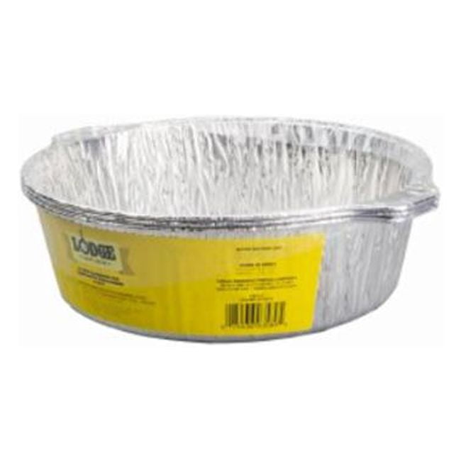 Disposable Lodge aluminum foil pan liner with yellow product label, round shallow shape