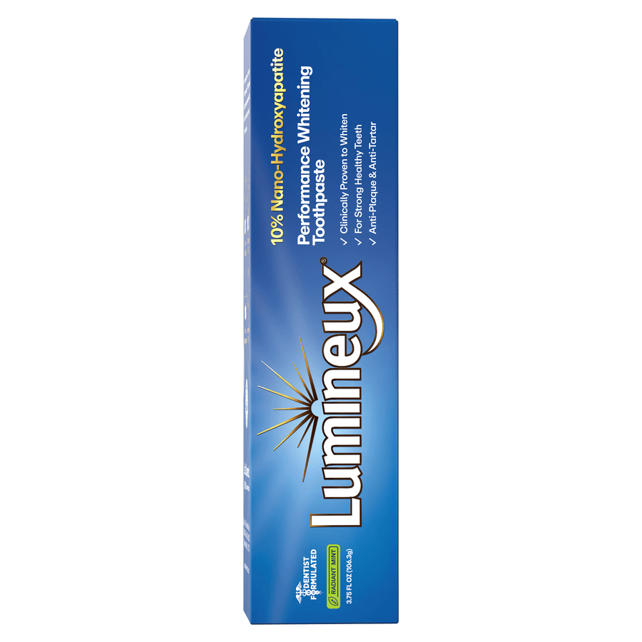 Tall blue rectangular box showing Lumineux branding and 10% Nano-Hydroxyapatite claim on packaging